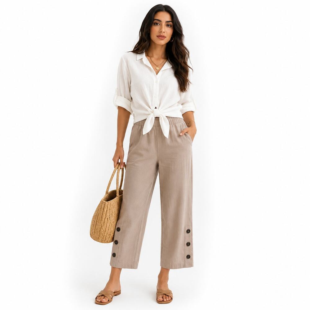 Isaac Mizrahi Women’s Beige Pull-On Capri Pants w/ Button Detail – Size 2P NWOT